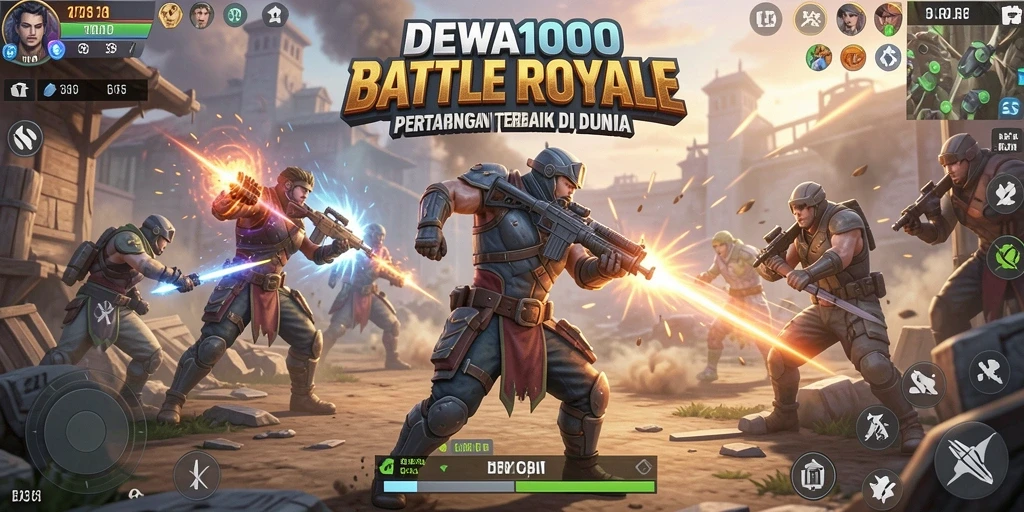 Screenshot gameplay DEWA1000 menampilkan aksi seru di medan perang Battle Royale.