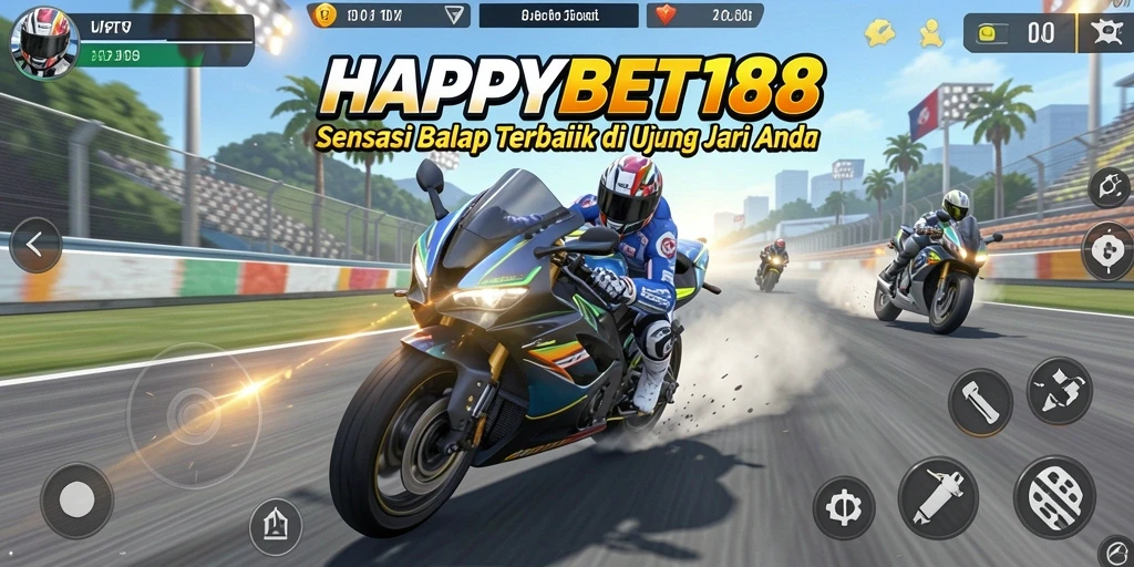 Tampilan gameplay <strong>HAPPYBET188</strong> yang mendebarkan dalam balapan motor.