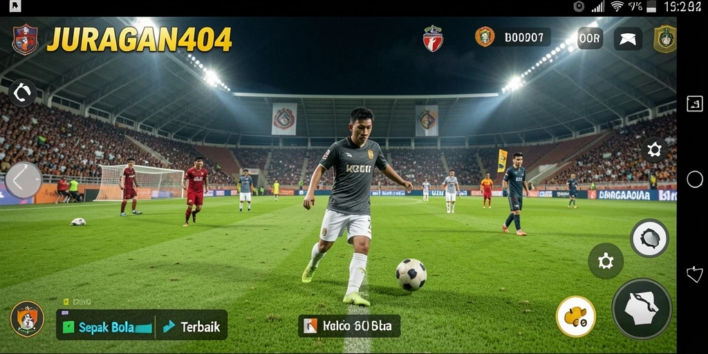 Gameplay JURAGAN404 menampilkan aksi pertandingan sepak bola yang seru.