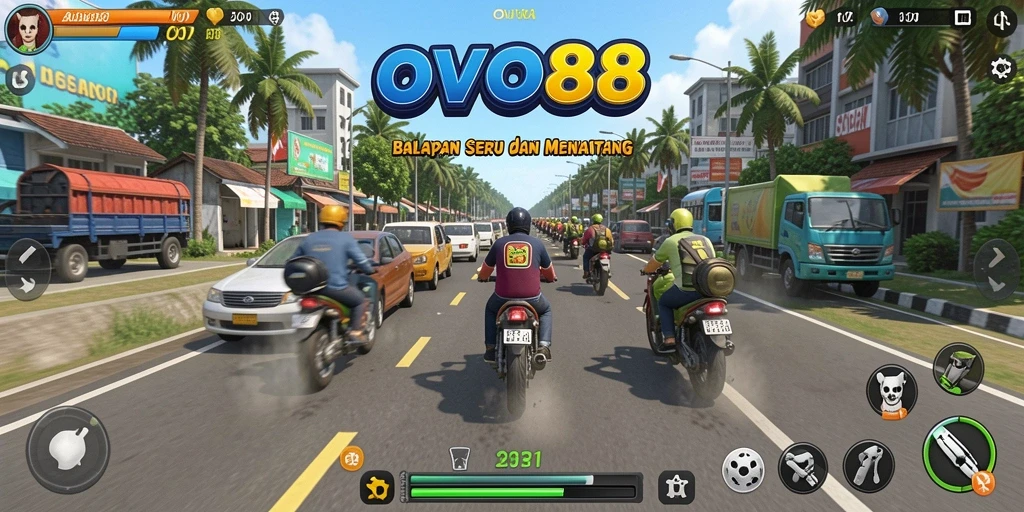 Tampak gameplay OVO88 dengan mobil balap dalam aksi di trek.