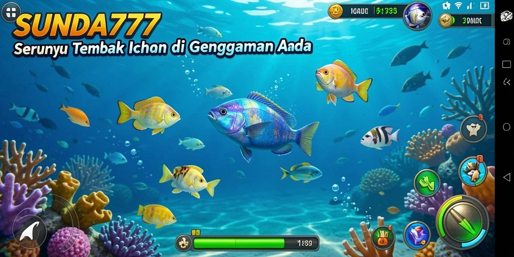 Tampilan gameplay seru dari SUNDA777 saat menembak ikan berwarna-warni.