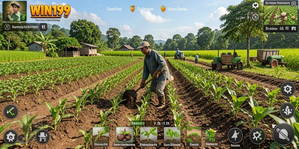 Tampilan gameplay dalam WIN199 menunjukkan suasana pertanian yang cerah dan menyenangkan.